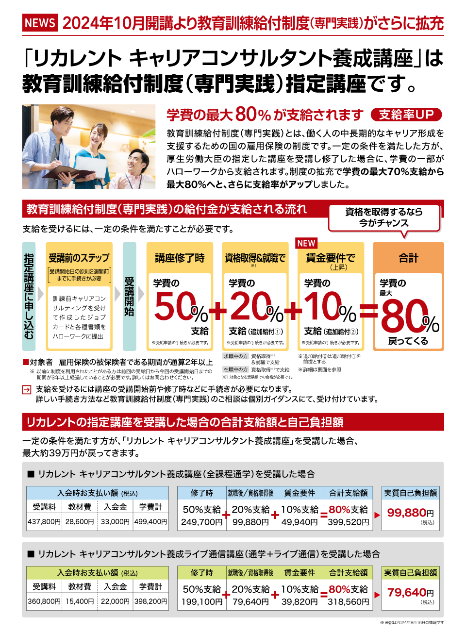 リカレントの「キャリアコンサルタント養成講座」は教育訓練給付制度（専門実践）指定講座です。